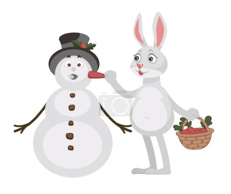 Téléchargez les illustrations : Vacances d'hiver amusant, personnage isolé de lapin sculptant bonhomme de neige ajoutant nez de carotte. Lapin avec panier de légumes, Préparation pour la nouvelle année et Noël. Activités amusantes de Noël. Vecteur en style plat - en licence libre de droit