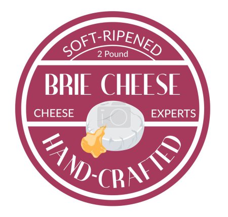 Brie cheese, soft ripened and hand crafted dairy product. Cheese experts, imported ingredient for healthy eating and dieting, nourishment balance. Label or emblem for package, vector in flat style