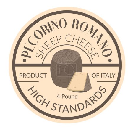 Sheep cheese of high standard, pecorino romano product of Italy. Dairy products making and importing. Tasty and nutritious meal. Label or emblem for package with weight, vector in flat style