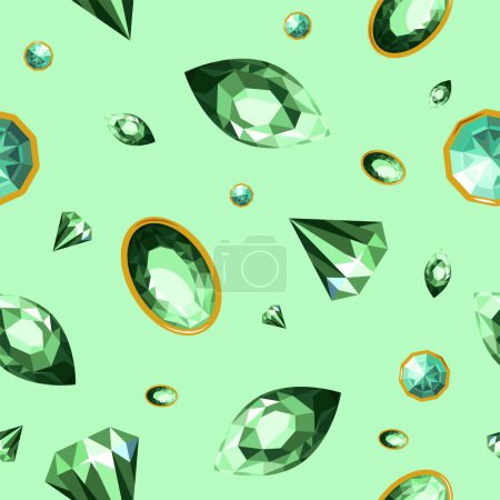 Emerald jewelry and precious stones with facets. Brilliants and diamonds, Gem with gold frame, expensive product, richness. Seamless pattern, background or print wallpaper. Vector in flat style