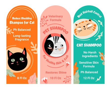 Pet shampoo for cats, no harsh ingredients, restores shine. Sensitive skin formula and long lasting fragrance, ph balanced veterinary formula. Health and wellness for kitties. Vector in flat style
