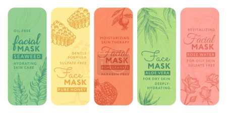 Buntes Sticker-Set für die Gesichtsmaske. Handgezeichnete natürliche Zutaten bei der Etikettendesign-Kollektion, Vektorillustration. Werbung für biologische Schönheitsprodukte mit kreativen Tags