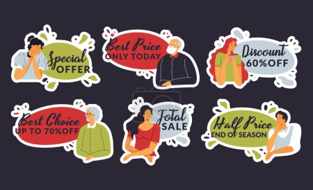 Sticker design set with flat people character. Online store special offer advertising at sale promo label collection, vector illustration. Man woman customer look at discount sign