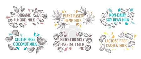 Etikettendesign-Set für pflanzliche Milchverpackung. Handgezeichnete organische Elemente bei der Aufklebersammlung, Vektorillustration. Molkereifreie Getränkemarke mit Mandeln, Hanf, Sojabohnen