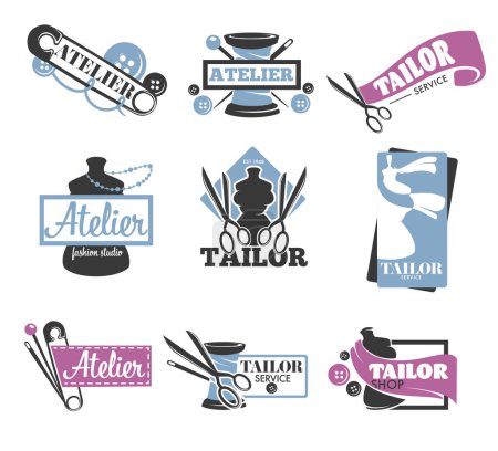 Illustration for Collection of tailor and atelier logos, vector illustration, various design elements including scissors, thimbles, and needles. - Royalty Free Image