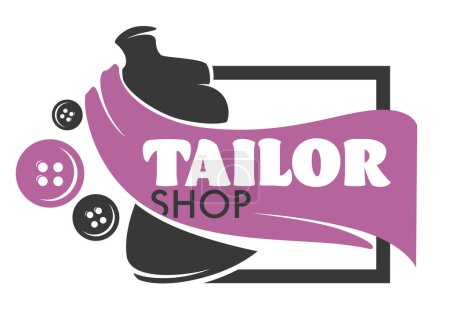 Logotipo de la tienda de sastrería con una cinta rosa y maniquí, ilustración vectorial, diseño en negro y rosa.