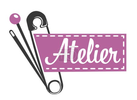 Logotipo de Atelier con un pin de seguridad y signo, ilustración vectorial, diseño púrpura y negro.