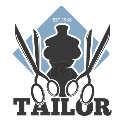 Vintage tailor logo with scissors and mannequin, vector illustration, black and blue design