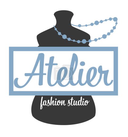 Elegant mannequin with beads logo for a fashion atelier, vector illustration, black and blue.