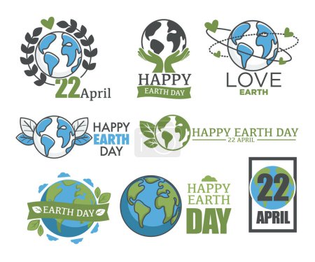 Collection of Earth Day logos, vector illustrations with global and nature themes.