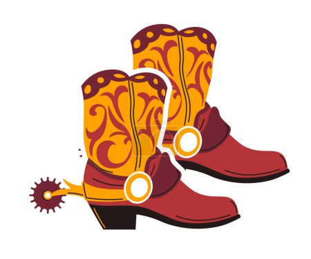 Vector illustration of cowboy boots with a fiery flame pattern, vibrant and bold.