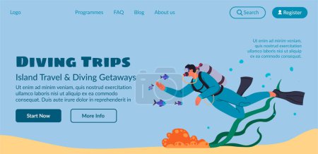 Website banner vector of a scuba diver with colorful fish, suitable for travel and tour websites.