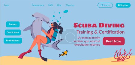 Website banner vector promoting scuba diving certification, with a friendly dolphin, ideal for diving schools.