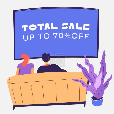 Une illustration vectorielle montrant un couple regardant une publicité de vente pour jusqu'à 70 pour cent off.