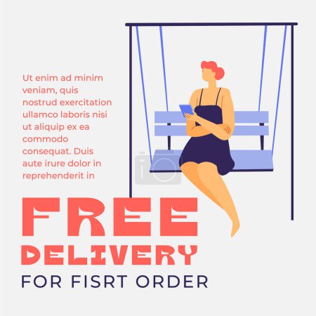 Illustration vectorielle promotionnelle d'une femme sur un banc oscillant à l'aide d'un smartphone, publicité livraison gratuite pour la première commande.