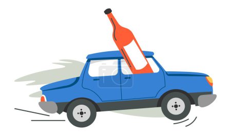 Risk of car crash or accident on road due to Driving under influence of alcohol condition of driver of vehicle transport. Warning and caution, problems leading to disaster. Vector in flat style