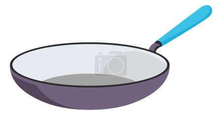 Metal skillet with long handle for comfortable cooking and preparing food. Isolated frying pan for stewing, stainless steel dishware and kitchenware for kitchen and chefs. Vector in flat style