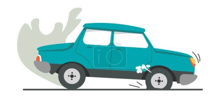 Motor damage of automobile, isolated car crash, problem of transport with steam and smoke from inside. Wreck or accident, breakdown of the vehicle. Collision or emergency. Vector in flat style