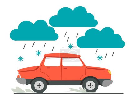 Bad weather conditions for driving vehicles, slippery road and risk of traffic crash or accident. Transport in snowy and rainy drops on highway or street, winter season. Vector in flat style
