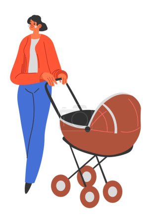 Mother and newborn baby on walk, strolling woman and kid in perambulator. Woman with infant asleep, buggy with toddler. Leisure and rest, entertainment and relaxation outside. Vector in flat