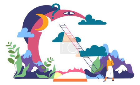 Perception and consciousness, personal growth and self improvement. Perspiration and development. Person with ladder, psychological therapy and mental health treatments. Vector in flat style