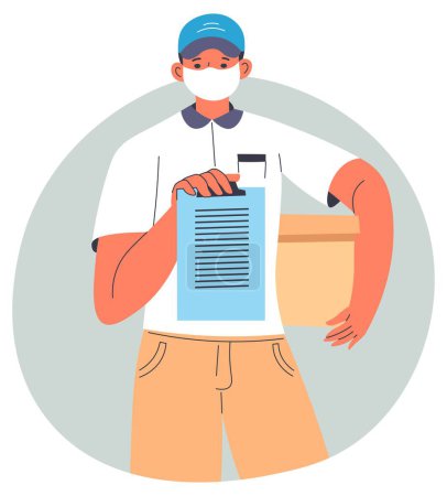 Téléchargez les illustrations : Male character with parcel box, shipping and shipment delivery service. Courier with order and list to sign. Quarantine and coronavirus pandemic, man in medical protective mask. Vector in flat - en licence libre de droit