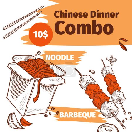 Noodles and barbeque, chinese dinner combo for 10 dollars totally. Promotional banner of restaurant or cafe with special offer for visitors and clients. Exotic food and meal. Vector in flat style