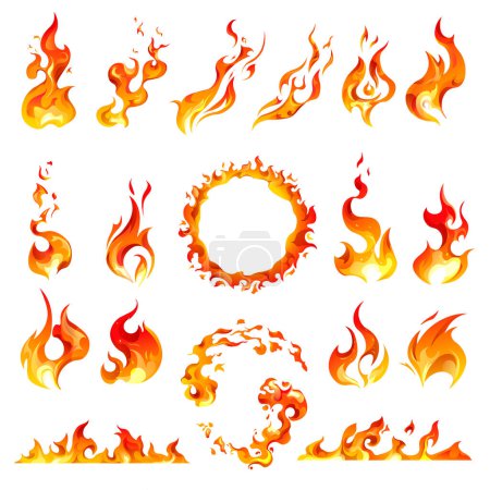 Flammen und Feuer, Kreis und Rahmen mit Kopierraum, vereinzelte Ikonen des Flammens und Brennens. Lagerfeuer und Zündung, Kraft und Bewegung, Fackel oder Verbrennung. Verschiedene Formen, Vektor im flachen Stil