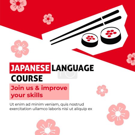Téléchargez les illustrations : Rejoignez un club d'apprentissage et améliorez vos compétences, cours de langue japonaise pour débutants. Maîtrisez la grammaire, obtenez des recommandations et des conseils. Étudier à l'université ou en ligne sur des cours en groupe. Vecteur à plat - en licence libre de droit