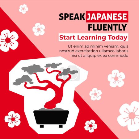 Maîtrisez la langue japonaise et améliorez vos compétences dans l'école ou l'université en ligne, les classes avec des leçons de groupe ou individuelles. Commencer à explorer le monde et la culture asiatique. Vecteur de publicité en plat