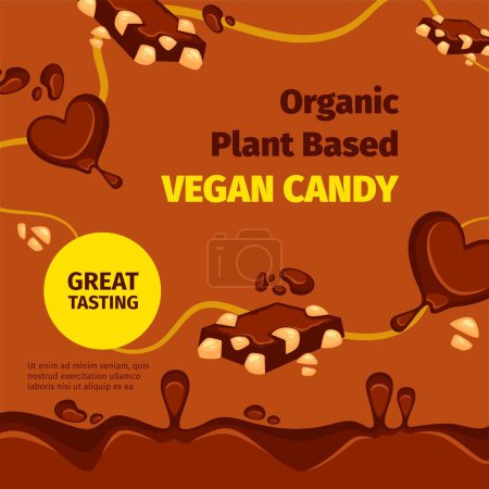 Chocolate candies for vegans and vegetarians, organic and natural ingredients in product. Gourmet and nutritious food for healthy dieting. Confectionery shop or store. Vector in flat style, ads