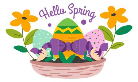 Basket full of colored and painted eggs with ornaments and blooming flowers and botany. Isolated cart with botany and food for blessing. Religious event and fun festivity. Vector in flat style