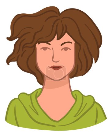 Portrait de fille, personnage féminin isolé aux cheveux bruns et à capuche verte photo ou avatar photo de femme. Jeune femme avec coiffure et expression faciale sans émotion ou grave. Vecteur à plat