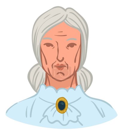 Agen female character with serious facial expression wearing stylish and elegant blouse, luxurious look of woman. Grandmother on pension, retired lady portrait or photograph. Vector in flat style