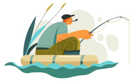 Pescador sentado en barco inflable con caña de pescar en las manos la captura de peces. El carácter masculino en el lago o el río, el hobby y el ocio del hombre. Vacaciones y viajes, mejorar las habilidades. Vector en plano