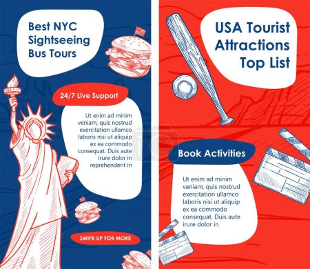 Illustration for Top USA attractions list, book activities and bus tours to enjoy NYC sightseeing in comfort. Traveling in united states of America and trying traditional food. Support online, info on website vector - Royalty Free Image