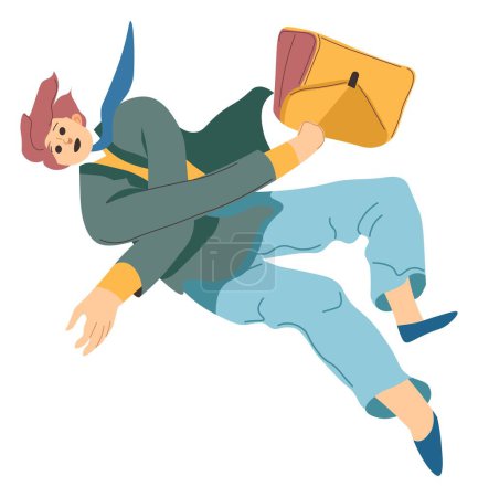 Male character slipping and falling down while walking, man with briefcase accidentally and unexpectedly failing. Businessman or workers heading to job on slippery road. Vector in flat style