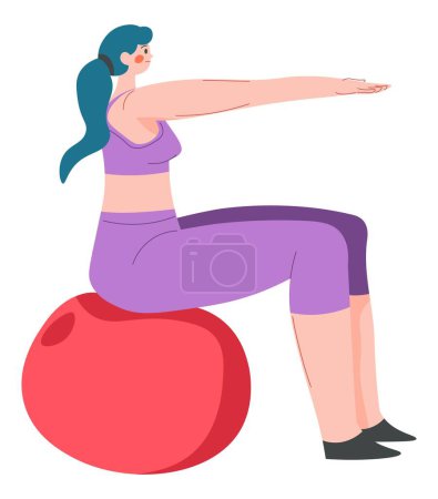 Illustration for Workout and exercises using fitness ball in gym, isolated female character improving flexibility and stretching, strengthening body and care for health. Sportive girl preparing for competition, vector - Royalty Free Image