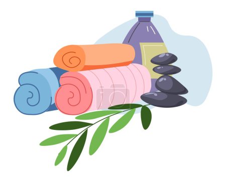 Illustration for Equipment for massage in spa salon, isolated towels and bottle of aromatic lotion or essence oil for procedure. Flower branch and hot stones. beauty and relaxation for clients. Vector in flat style - Royalty Free Image