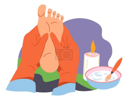 Illustration for Massage and treatment of skin of feet, isolated spa salon procedure, pampering and moisturizing, relieving pain and tension from foot. Candle and aromatic essential oils. Vector in flat style - Royalty Free Image