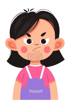 Illustration for KId girl with grumpy expression on face, isolated female character toddler upset or angry. Annoyance or irritation of preschool or preteen. Non verbal communication, bad behavior. Vector in flat style - Royalty Free Image