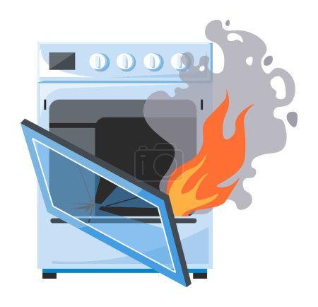 Oven in fire, isolated stove with flames and smoke, dangerous kitchen appliance causing problem. Overheating and malfunctioning technology equipment for cooking and food preparing. Vector in flat