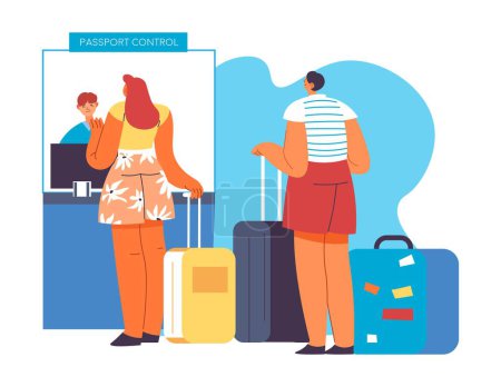 Illustration for Couple traveling taking plane for holidays, man and woman with luggage at check in showing boarding pass. Passport control before departure and flight. Passengers taking trip. Vector in flat - Royalty Free Image