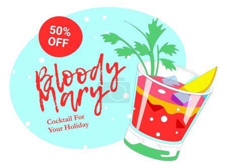 Cocktail and alcoholic beverages with 50 percent off price reduction. Bloody marry with lemon slice, tomato juice, vodka and ice cubes served in glass with celery or parsley. Vector in flat style