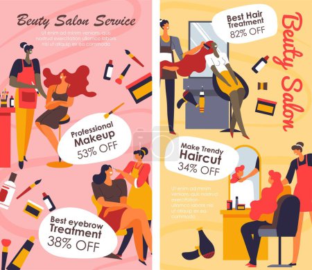 Illustration for Professional makeup and eyebrow treatment, trendy haircut and hair care. beauty salon service with stylist and tools for making lady beautiful. Reductions and discounts for clients, vector in flat - Royalty Free Image