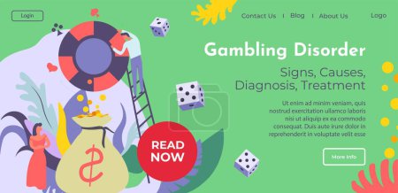 Signs and causes, diagnosis and treatment of gambling disorder. Male character winning money and playing games, casino chips and cubes, bag of golden coins. Website page, vector in flat style