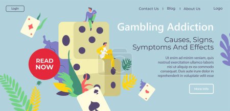 Causes and signs, symptoms and effects of gambling addiction, help and support, assistance from professionals and treatment. Website with contacts and playing game cubes. Vector in flat style