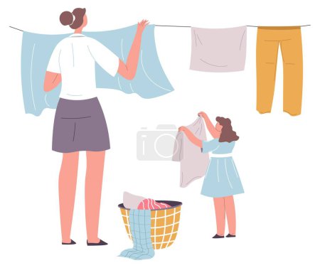 Kleine Tochter hilft Mutter mit hängender gewaschener Kleidung an Schnur zum Trocknen. Hausarbeit und häusliche Routine, Hausfrau mit Schleuder draußen. Familie und einfacher Lebensstil. Vektor im flachen Stil