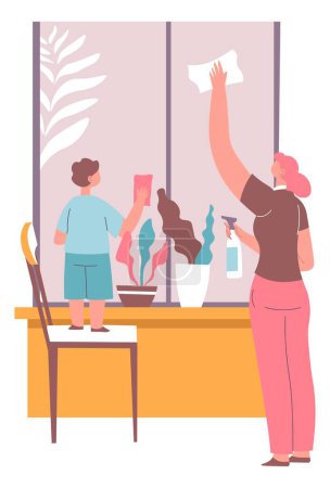 Household chores and daily domestic routine in apartment. Mom and kid wiping surface of mirror and shelves, cleaning and caring for furniture condition. Mommy and son on chair. Vector in flat style