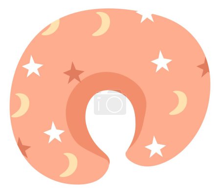 Pillow for comfortable traveling or flat cushion for newborn babies sleep. Soft and rounded shape support for head, decorated with stars and moons. Inflatable and anatomical. Vector in flat style